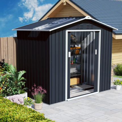 Abrigo de Jardim 2,42 m 213x130x185 cm Abrigo de Jardim Metálico de Exterior para Armazenamento de Ferramentas com 2 Portas Deslizantes e 4 Janelas para Terraço Cinza Escuro